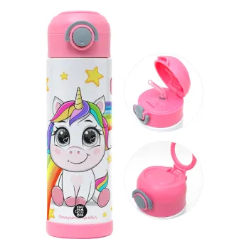 Unicorn baby με όνομα, Children's hot water bottle, stainless steel, with safety straw, PINK (500ml)