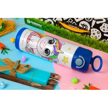 Unicorn baby με όνομα, Easter candle, Childrens hot water bottle, stainless steel, with safety straw, BLUE (500ml)