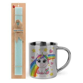 Unicorn baby με όνομα, Easter Set, metallic thermal cup (300ml) & aromatic flat Easter candle (30cm) (TURQUOISE)