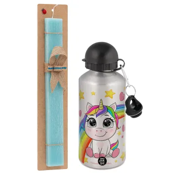 Unicorn baby με όνομα, Easter Set, metallic silver aluminum water bottle (500ml) & scented flat Easter candle (30cm) (TURQUOISE)