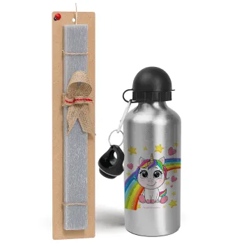 Unicorn baby με όνομα, Easter Set, metallic silver aluminum water bottle (500ml) & aromatic flat Easter candle (30cm) (GRAY)