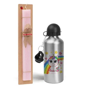 Unicorn baby με όνομα, Easter Set, metallic Silver aluminum water bottle (500ml) & scented flat Easter candle (30cm) (PINK)