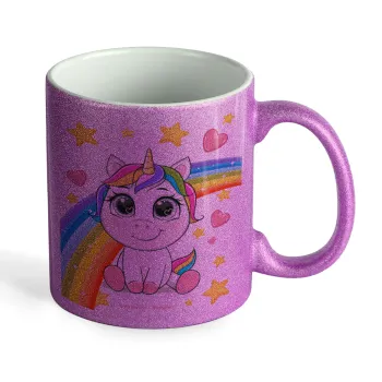 Unicorn baby με όνομα, Κούπα Μωβ Glitter που γυαλίζει, κεραμική, 330ml