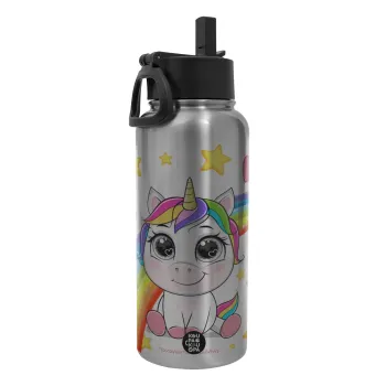 Unicorn baby με όνομα, Metal mug thermo Silver with Straw and Spout Lid (Stainless steel), double wall, 950ml