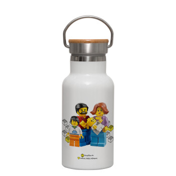 Τύπου Lego family, Metallic thermos (Stainless steel) White with wooden lid (bamboo), double-walled, 350ml