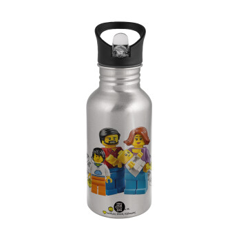 Τύπου Lego family, Water bottle Silver with straw, stainless steel 500ml
