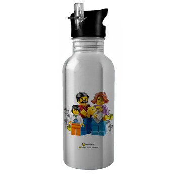 Τύπου Lego family, Water bottle Silver with straw, stainless steel 600ml