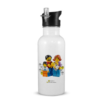 Τύπου Lego family, White water bottle with straw, stainless steel 600ml