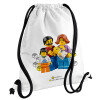 Τύπου Lego family, Τσάντα πλάτης πουγκί GYMBAG λευκή, με τσέπη (40x48cm) & χονδρά κορδόνια
