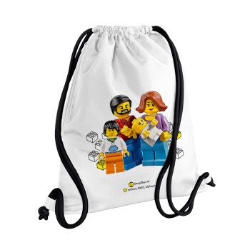 Τύπου Lego family, Backpack pouch GYMBAG white, with pocket (40x48cm) & thick cords