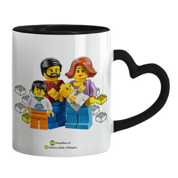 Τύπου Lego family, Κούπα καρδιά χερούλι μαύρη, κεραμική, 330ml