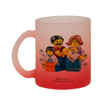 Τύπου Lego family, Κούπα γυάλινη δίχρωμη με βάση το κόκκινο ματ, 330ml