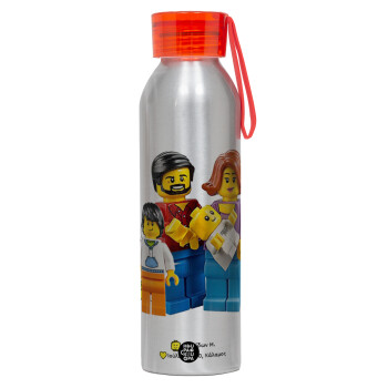Τύπου Lego family, Αλουμινένιο Αθλητικό Μπουκάλι 650ml – Ασημί με Κόκκινο Καπάκι και Λουράκι Σιλικόνης