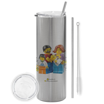 Τύπου Lego family, Tumbler stainless steel Silver 600ml, with metal straw & cleaning brush