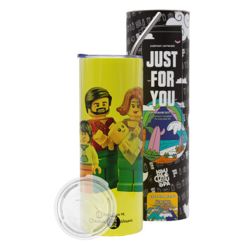 Τύπου Lego family, Neon Yellow Travel Tumbler, with metal straw (Stainless steel 304 Food grade, BPA free, 600ml)