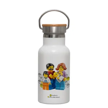 Τύπου Lego family, Μεταλλικό παγούρι θερμός (Stainless steel) Λευκό με ξύλινο καπακι (bamboo), διπλού τοιχώματος, 350ml