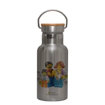 Τύπου Lego family, Stainless steel metallic thermos flask, silver with a bamboo lid, double-walled, 350ml.