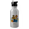Water bottle Silver with straw, stainless steel 600ml