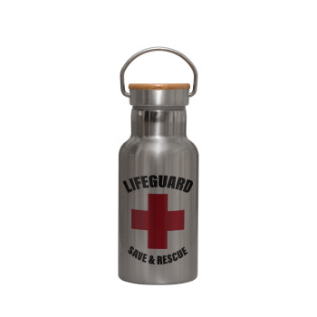 Lifeguard Save & Rescue, Μεταλλικό παγούρι θερμός (Stainless steel) Ασημένιο με ξύλινο καπακι (bamboo), διπλού τοιχώματος, 350ml