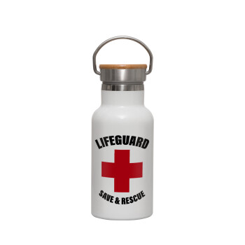 Lifeguard Save & Rescue, Μεταλλικό παγούρι θερμός (Stainless steel) Λευκό με ξύλινο καπακι (bamboo), διπλού τοιχώματος, 350ml