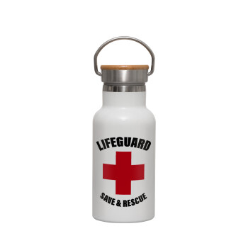 Lifeguard Save & Rescue, Metallic thermos (Stainless steel) White with wooden lid (bamboo), double-walled, 350ml