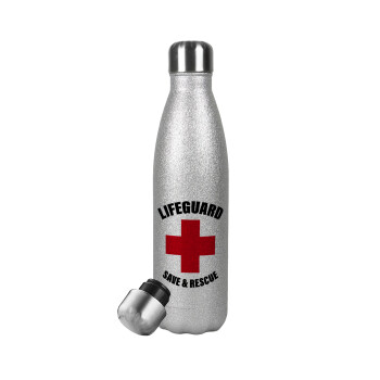 Lifeguard Save & Rescue, Μεταλλικό παγούρι θερμός Glitter Aσημένιο (Stainless steel), διπλού τοιχώματος, 500ml