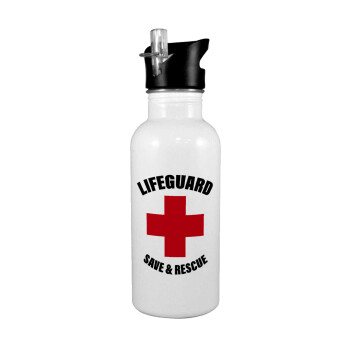 Lifeguard Save & Rescue, Παγούρι νερού Λευκό με καλαμάκι, ανοξείδωτο ατσάλι 600ml