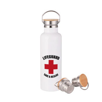 Lifeguard Save & Rescue, Μεταλλικό παγούρι θερμός (Stainless steel) Λευκό με ξύλινο καπακι (bamboo), διπλού τοιχώματος, 750ml