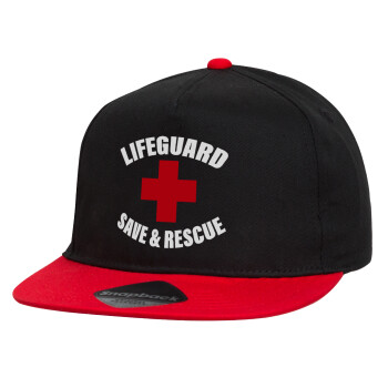 Lifeguard Save & Rescue, Καπέλο παιδικό Flat Snapback, Μαύρο/Κόκκινο (100% ΒΑΜΒΑΚΕΡΟ, ΠΑΙΔΙΚΟ, UNISEX, ONE SIZE)