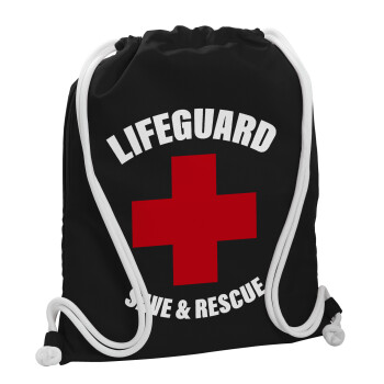 Lifeguard Save & Rescue, Τσάντα πλάτης πουγκί GYMBAG Μαύρη, με τσέπη (40x48cm) & χονδρά λευκά κορδόνια
