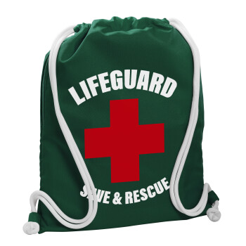 Lifeguard Save & Rescue, Backpack pouch GYMBAG BOTTLE GREEN, with pocket (40x48cm) & thick white cords