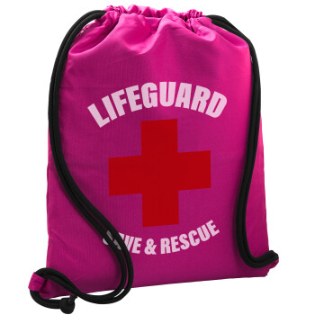 Lifeguard Save & Rescue, Τσάντα πλάτης πουγκί GYMBAG Φούξια, με τσέπη (40x48cm) & χονδρά κορδόνια