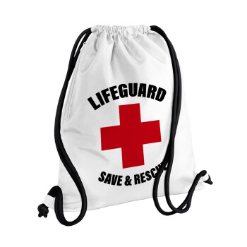 Lifeguard Save & Rescue, Τσάντα πλάτης πουγκί GYMBAG λευκή, με τσέπη (40x48cm) & χονδρά κορδόνια