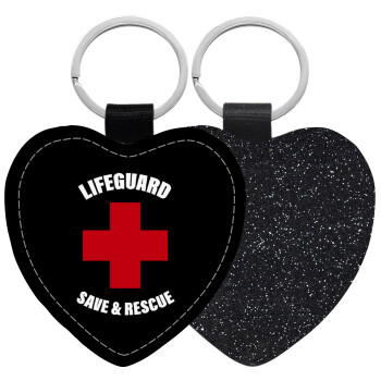 Lifeguard Save & Rescue, Μπρελόκ PU δερμάτινο glitter καρδιά ΜΑΥΡΟ