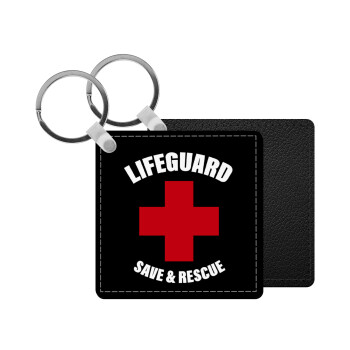 Lifeguard Save & Rescue, Μπρελόκ Δερματίνη, τετράγωνο ΜΑΥΡΟ (5x5cm)