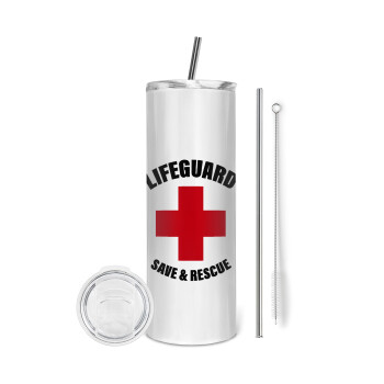 Lifeguard Save & Rescue, Eco friendly ποτήρι θερμό (tumbler) από ανοξείδωτο ατσάλι 600ml, με μεταλλικό καλαμάκι & βούρτσα καθαρισμού