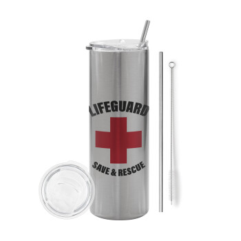 Lifeguard Save & Rescue, Eco friendly ποτήρι θερμό Ασημένιο (tumbler) από ανοξείδωτο ατσάλι 600ml, με μεταλλικό καλαμάκι & βούρτσα καθαρισμού