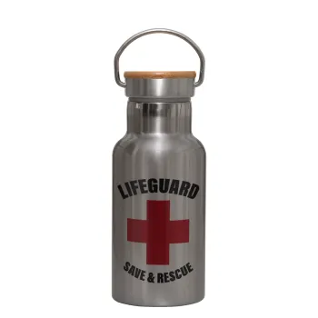 Lifeguard Save & Rescue, Stainless steel metallic thermos flask, silver with a bamboo lid, double-walled, 350ml.