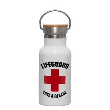 Lifeguard Save & Rescue, Μεταλλικό παγούρι θερμός (Stainless steel) Λευκό με ξύλινο καπακι (bamboo), διπλού τοιχώματος, 350ml