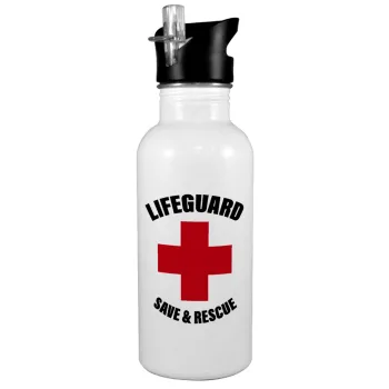 Lifeguard Save & Rescue, Παγούρι νερού Λευκό με καλαμάκι, ανοξείδωτο ατσάλι 600ml
