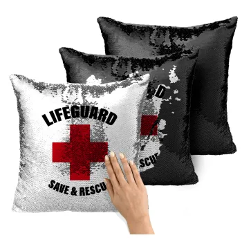 Lifeguard Save & Rescue, Μαξιλάρι καναπέ Μαγικό Μαύρο με πούλιες 40x40cm περιέχεται το γέμισμα