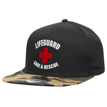 Lifeguard Save & Rescue, Adult Flat Snapback Hat Black/Camouflage, (100% COTTON TWILL, ADULT, UNISEX, ONE SIZE)