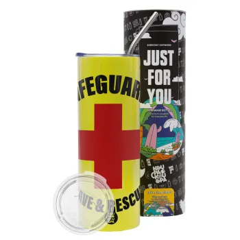 Lifeguard Save & Rescue, Neon Yellow Travel Tumbler θερμό, μεταλλικό καλαμάκι(Ανωξείδωτο 304 Food grade, BPA free, 600ml)