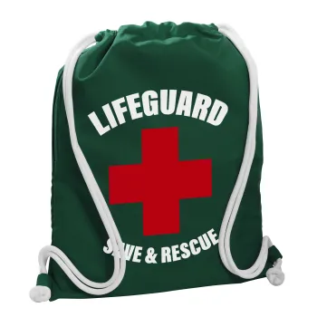 Lifeguard Save & Rescue, Τσάντα πλάτης πουγκί GYMBAG BOTTLE GREEN, με τσέπη (40x48cm) & χονδρά λευκά κορδόνια