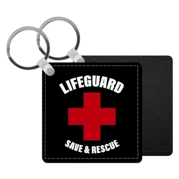 Lifeguard Save & Rescue, Μπρελόκ Δερματίνη, τετράγωνο ΜΑΥΡΟ (5x5cm)