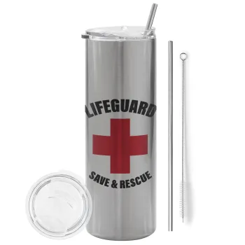 Lifeguard Save & Rescue, Tumbler ποτήρι θερμό Ασημένιο από ανοξείδωτο ατσάλι 600ml, με μεταλλικό καλαμάκι & βούρτσα καθαρισμού