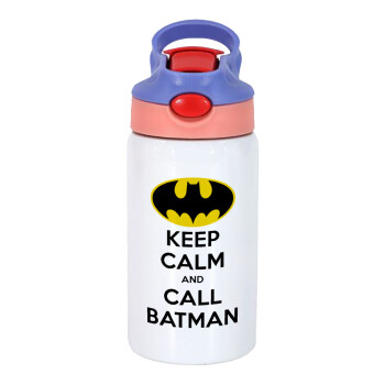 KEEP CALM & Call BATMAN, Παιδικό παγούρι θερμό, ανοξείδωτο, με καλαμάκι ασφαλείας, ροζ/μωβ (350ml)