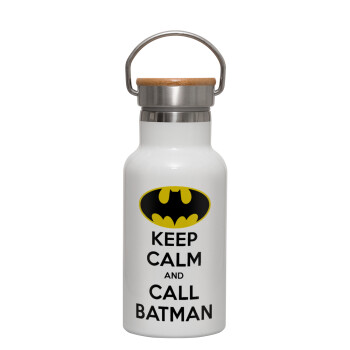 KEEP CALM & Call BATMAN, Μεταλλικό παγούρι θερμός (Stainless steel) Λευκό με ξύλινο καπακι (bamboo), διπλού τοιχώματος, 350ml