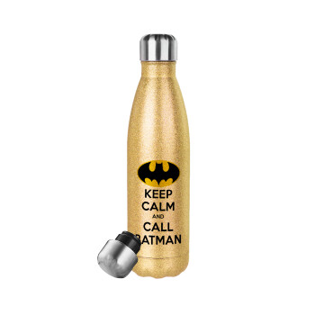 KEEP CALM & Call BATMAN, Μεταλλικό παγούρι θερμός Glitter χρυσό (Stainless steel), διπλού τοιχώματος, 500ml