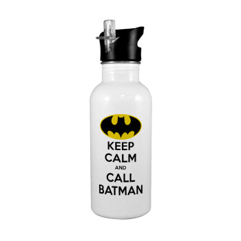 KEEP CALM & Call BATMAN, Παγούρι νερού Λευκό με καλαμάκι, ανοξείδωτο ατσάλι 600ml